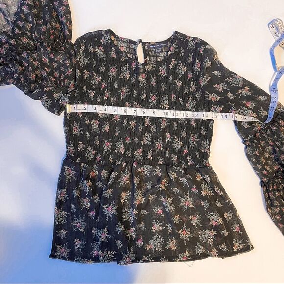 American Eagle Black Sheer Floral Boho Ruffle Blouse Size XS - Picture 6 of 8